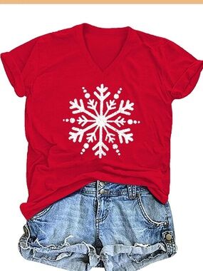 Women’s Christmas Snowflake T-shirt Red Large V-neck